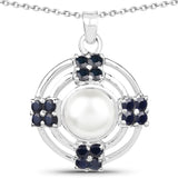 4.30 Carat Genuine Pearl and Blue Sapphire .925 Sterling Silver Pendant - Fashion Apparel 
