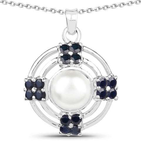 4.30 Carat Genuine Pearl and Blue Sapphire .925 Sterling Silver Pendant - Fashion Apparel 