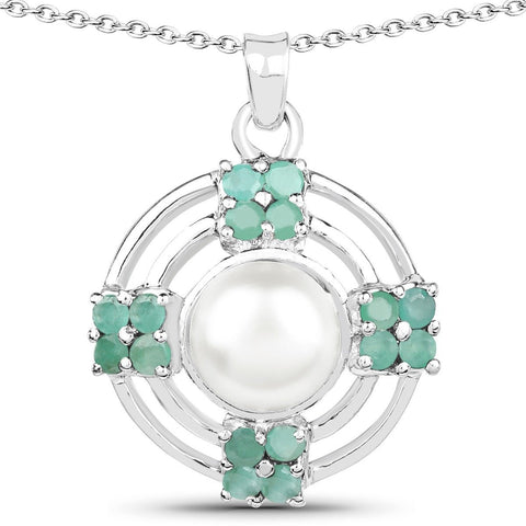 3.98 Carat Genuine Pearl and Emerald .925 Sterling Silver Pendant - Fashion Apparel 