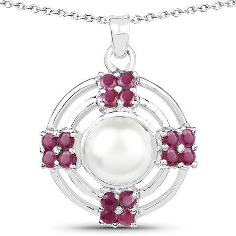 4.30 Carat Genuine Pearl and Ruby .925 Sterling Silver Pendant - Fashion Apparel 