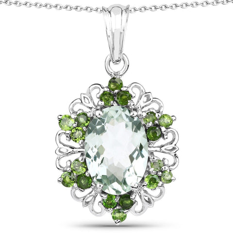 6.47 Carat Genuine Green Amethyst and Chrome Diopside .925 Sterling Silver Pendant - Fashion Apparel 