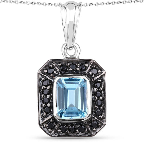 2.37 Carat Genuine Swiss Blue Topaz and Black Spinel .925 Sterling Silver Pendant - Fashion Apparel 