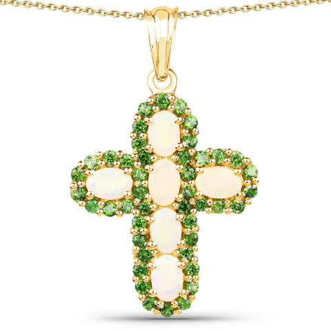 14K Yellow Gold Plated 3.11 Carat Genuine Ethiopian Opal and Chrome Diopside .925 Sterling Silver Pendant - Fashion Apparel 