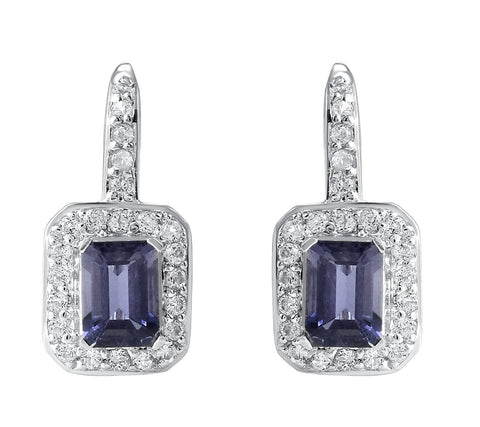 Iolite Cushion Cut Drop Earrings With White Topaz Set In Rhodium - Fashion Apparel 