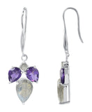 Tri Stoned Amethyst And Labradorite Drop Earrings Set In Rhodium - Fashion Apparel 