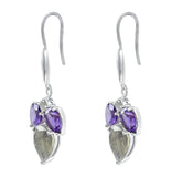 Tri Stoned Amethyst And Labradorite Drop Earrings Set In Rhodium - Fashion Apparel 