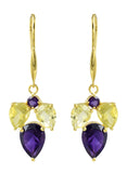 Tri Stoned Amethyst And Lemon  Quartz Drop Earrings Set In Yellow Gold - Fashion Apparel 