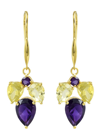 Tri Stoned Amethyst And Lemon  Quartz Drop Earrings Set In Yellow Gold - Fashion Apparel 
