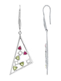 Berry Quartz And Peridot Studded Triangular Drop Earrings Set In Rhodium - Fashion Apparel 