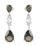 Smoky Quartz And White Topaz Drop Earrings Set In Rhodium - Fashion Apparel 
