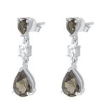 Smoky Quartz And White Topaz Drop Earrings Set In Rhodium - Fashion Apparel 