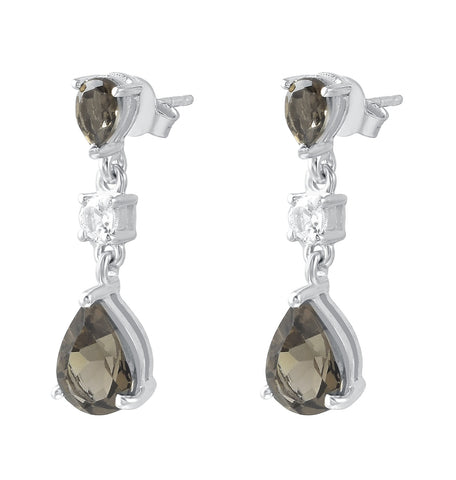 Smoky Quartz And White Topaz Drop Earrings Set In Rhodium - Fashion Apparel 