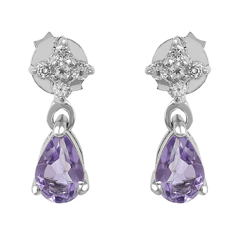 Prong Set Amethyst And White Topaz Drop Earrings Set In Rhodium - Fashion Apparel 