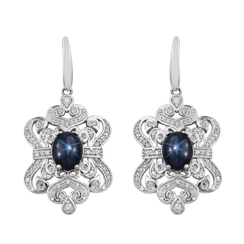 Embellished Sterling Silver Earring With Rhodium Plating And Difused Star Blue Sapphire, Natural White Zircon Gemstones - Fashion Apparel 