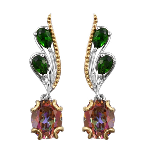 Drop Style Yellow Gold Pan Plating Sterling Silver Earring With Russian Diaopside, And Twilight  Coated Topaz - Fashion Apparel 