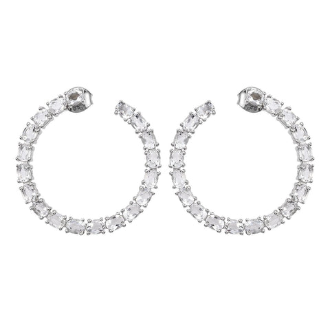 Petalite Studded Unclosed Circle Earrings Set In Rhodium - Fashion Apparel 