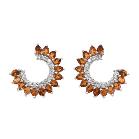 Cuff Style Rhodium Plated Sterling Silver Earring With Madira Citrine, Natural White Zircon - Fashion Apparel 