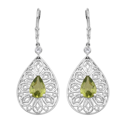 Rhodium Plated Drop Sterling Silver Earring Featuring Peridot And Natural White Zircon - Fashion Apparel 
