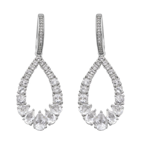 Rhodium Plated Sterling Silver Earring With Polished Natural White Zircon, White Sapphire, White Topaz, And Petalite Gemstones - Fashion Apparel 