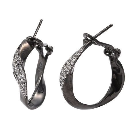Black Ruthenium Plated Loop Style Sterling Silver Earring With Polished Natural White Zircon - Fashion Apparel 