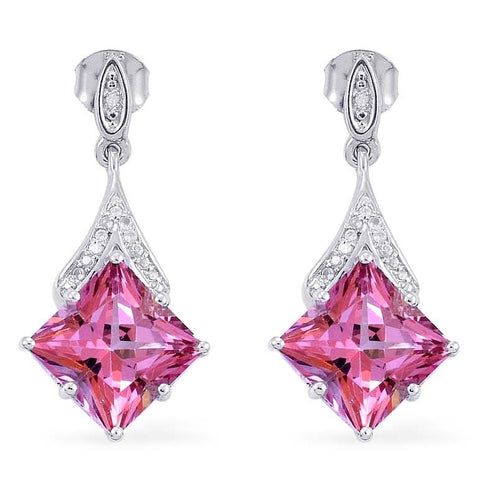 Elegant Looking Rhodium Plated Sterling Silver Earring With Signity Pink Topaz, And Natural White Zircon - Fashion Apparel 