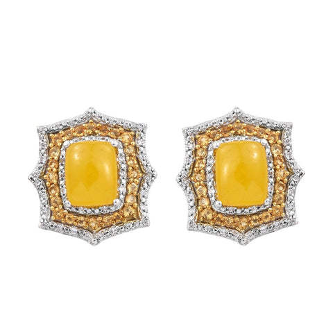 Sterling Silver Earring With Rhodium Plating And Polished Yellow Jade, Natural White Zircon, And Citrine - Fashion Apparel 