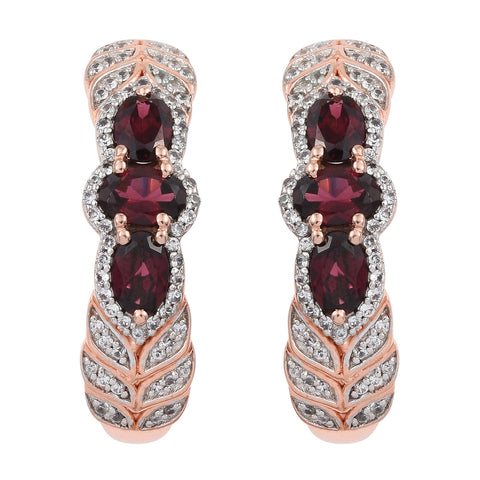 Rose Gold Rhodium Plated Sterling Silver Earring With Polished Rhodolite Garnet, And Natural White Zircon - Fashion Apparel 