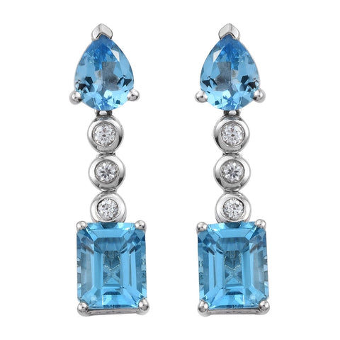 Sterling Silver Earring With Rhodium Plating And Natural White Zircon, Swiss Blue Topaz. - Fashion Apparel 