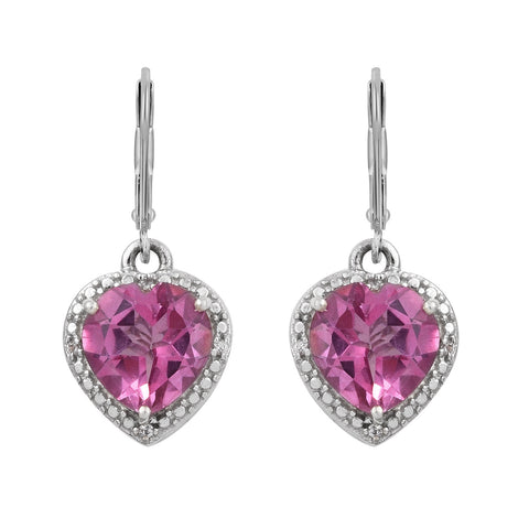 Bahaman Heart Shaped Pink Topaz Earrings Set In Sleek Rhodium Outlined By Natural White Zircons - Fashion Apparel 