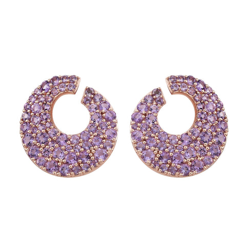 Pink Amethyst Sterling Silver Stud Earrings Plated With Rose Gold Rhodium. - Fashion Apparel 
