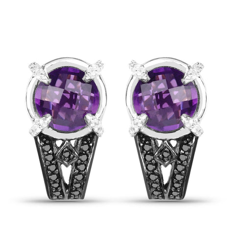 3.61 Carat Genuine Amethyst, Black Diamond and White Diamond .925 Sterling Silver Earrings - Fashion Apparel 