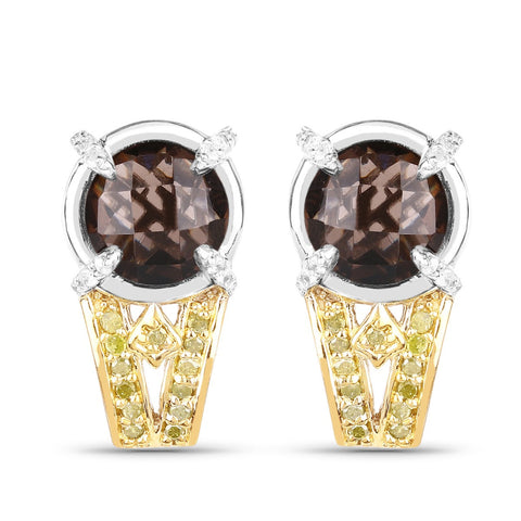3.75 Carat Genuine Smoky Quartz, Yellow Diamond and White Diamond .925 Sterling Silver Earrings - Fashion Apparel 