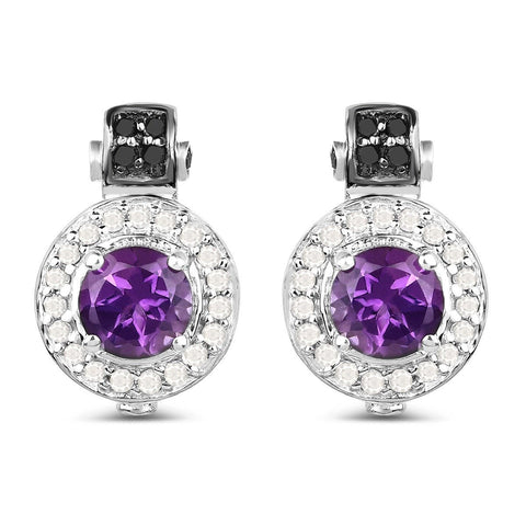 2.29 Carat Genuine Amethyst, Black Diamond and White Diamond .925 Sterling Silver Earrings - Fashion Apparel 
