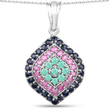 2.34 Carat Genuine Emerald, Ruby and Blue Sapphire .925 Sterling Silver Pendant - Fashion Apparel 