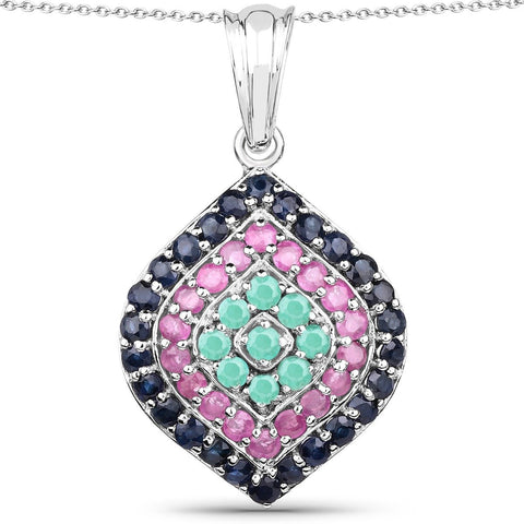 2.34 Carat Genuine Emerald, Ruby and Blue Sapphire .925 Sterling Silver Pendant - Fashion Apparel 