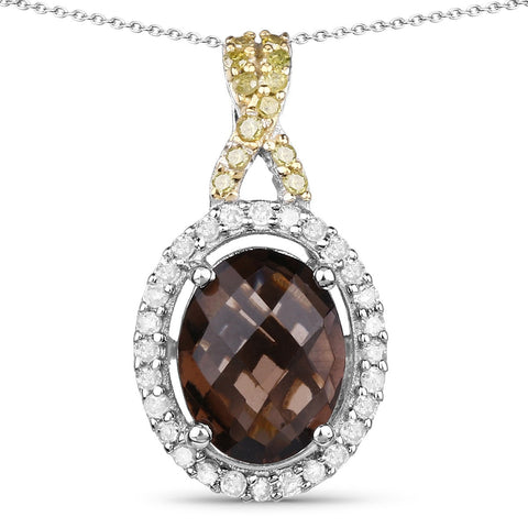 1.79 Carat Genuine Smoky Quartz, Yellow Diamond and White Diamond .925 Sterling Silver Pendant - Fashion Apparel 