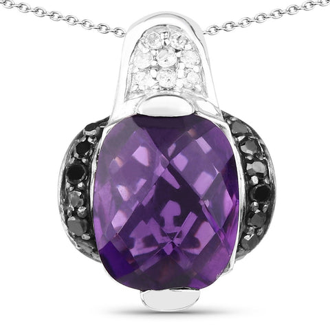 3.76 Carat Genuine Amethyst, Black Diamond and White Diamond .925 Sterling Silver Pendant - Fashion Apparel 