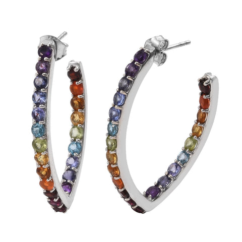 Rhodium Plated Sterling Silver Earring With Polished Citrine, African Amethyst, Iolite, Red Garnet, Tanzanite, Peridot, Swiss Blue Topaz, Bo - Fashion Apparel 