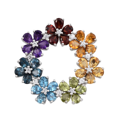 Rhodium Plated Sterling Silver Pendant With African Amethyst, London Blue Topaz, Peridot, Red Garnet, Swiss Blue Topaz, Citrine, And  Natura - Fashion Apparel 