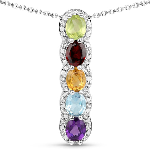 Royal Looking Sterling Silver Pendant With Chain Jeweled With Polished African Amethyst, Blue Topaz, Citrine, Garnet, Peridot, White Topaz A - Fashion Apparel 