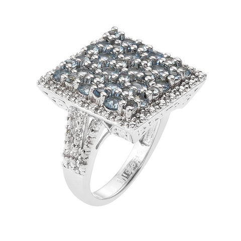 Square Frame Studded Santamaria Aquamarine Stones Set In Rhodium With Natural White Zircon Accents - Fashion Apparel 