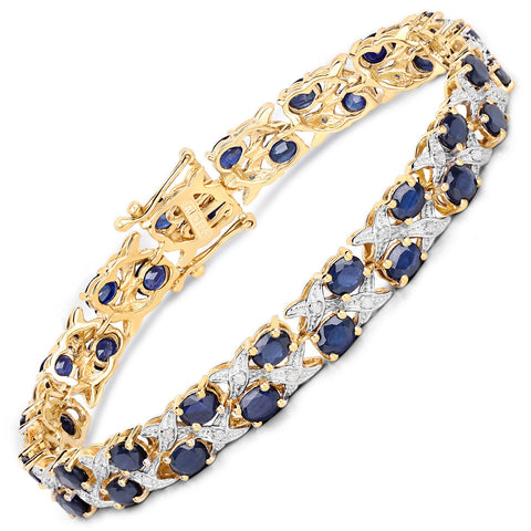 14K Yellow Gold Plated 12.53 Carat Genuine Blue Sapphire and White Diamond .925 Sterling Silver Bracelet - Fashion Apparel 