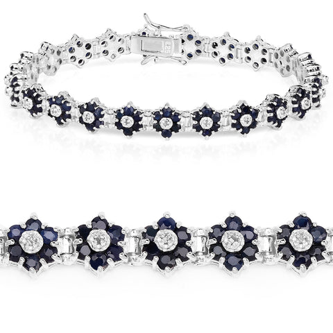 6.31 Carat Genuine Blue Sapphire and White Diamond .925 Sterling Silver Bracelet - Fashion Apparel 