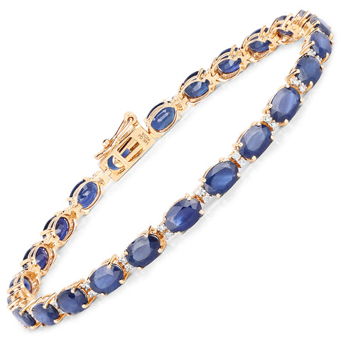 13.50 Carat Genuine Blue Sapphire and White Diamond 14K Yellow Gold Bracelet - Fashion Apparel 