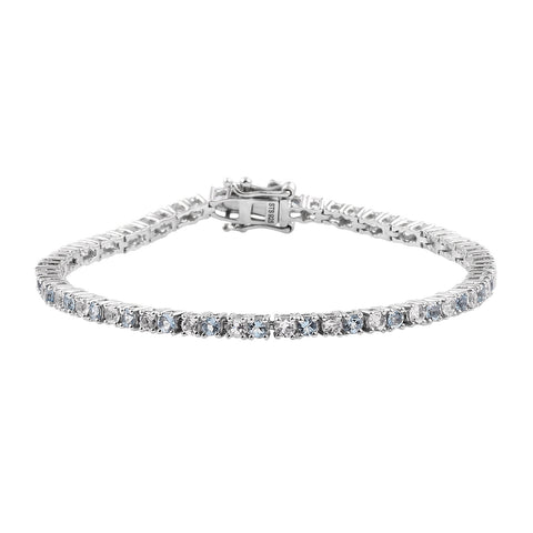 Aquamarine Silver Sterling Bracelet With White Topaz Plated With Rhodium. - Fashion Apparel 