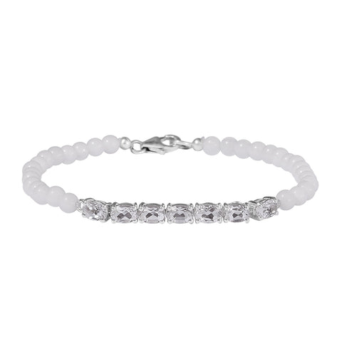 Silver Sterling Bracelet With White Topaz Stones Polished With Rhodium. - Fashion Apparel 