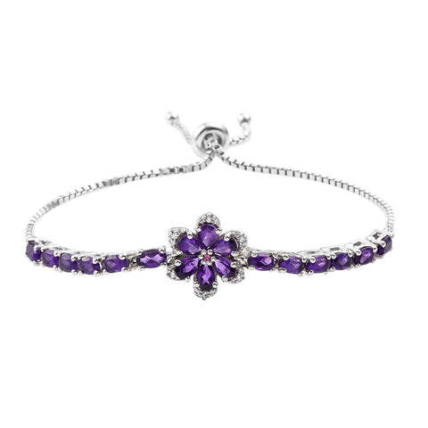 Rhodium Plated Sterling Silver Bracelet With African Amethyst, Rhodolite Garnet, And Natural White Zircon - Fashion Apparel 