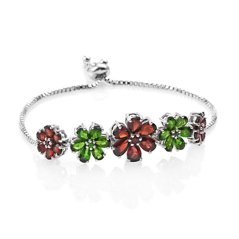 Russian Diaopside And Red Garnet Gemstones Adored In Rhodium Plated Sterling Silver Bracelet. - Fashion Apparel 