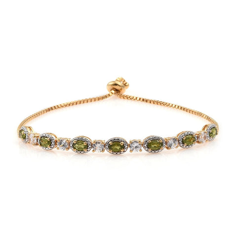 Yellow Gold Rhodium Plated Sterling Silver Bracelet With Vesuvianite, And Natural White Zircon Gemstones. - Fashion Apparel 