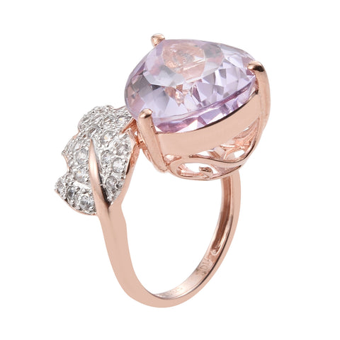 Pink Amethyst And Natural White Zircon Clasp Ring Set In Rhodium - Fashion Apparel 